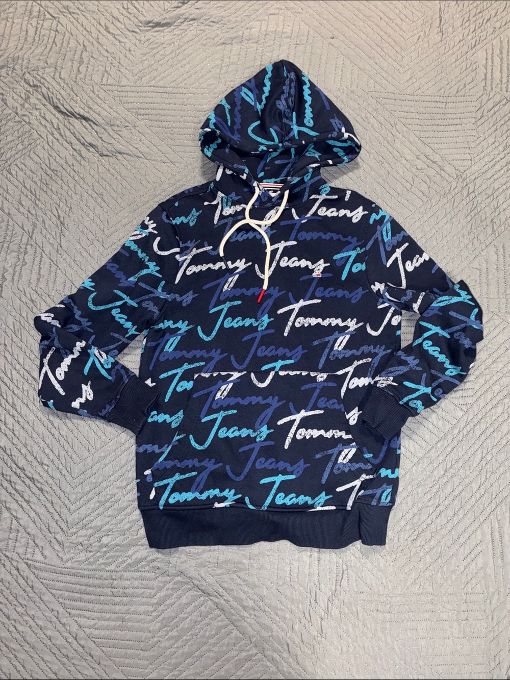 Tommy Hilfiger Navy Hoodie with Multi Blue Script fits more like a small-medium